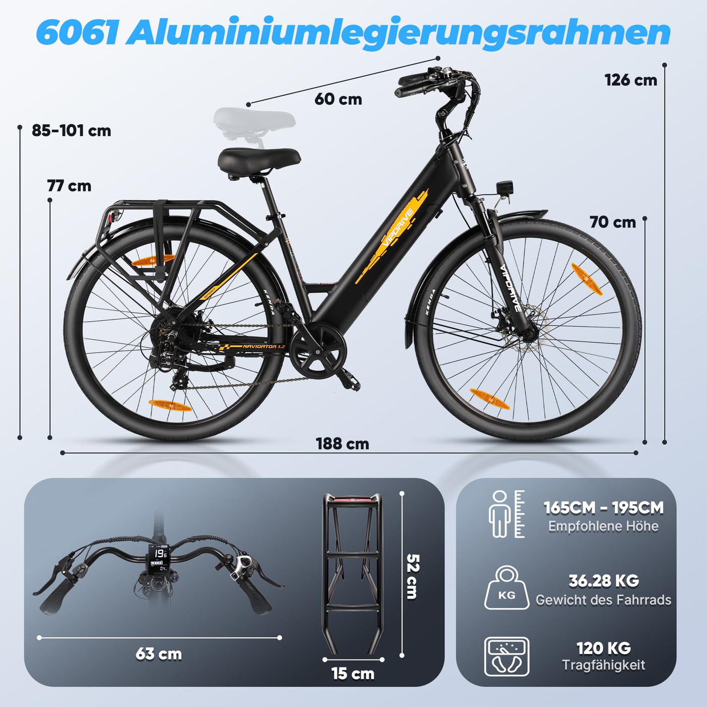 Vipdrive E Bike, E-Bike für Damen und Herren, Electric Bike mit 48V 15Ah Batterie, 3 PAS & Tempomat Modus, 7-Gang mit LCD-Display, 250W Motor & 85NM, up to 100km, 28 Zoll(1.2 Black)