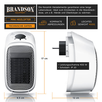 Brandson Steckdosen Heizlüfter Mini Keramik Heizung - Digital Anzeige Temperatur Timer - Lüfter 400W - Thermostat Überhitzungsschutz - - - Badezimmer Schlafzimmer, Zwangsluft