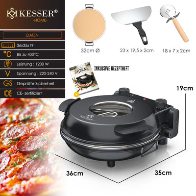 KESSER® Pizza-Ofen elektrisch bis 400 Grad | Elektrischer Pizzabäcker 1200W mit feuerfester Steinplatte & Timer Durchmesser 32cm | 5 Heizstufen & Sichtfenster | inkl. Pizzaschneider & Rezeptbuch