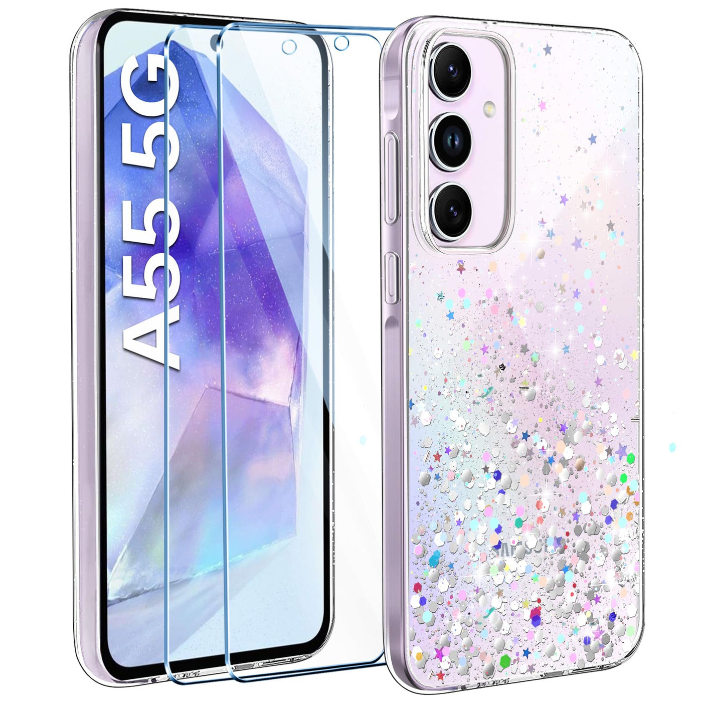 ivencase Glitzer Handyhülle Kompatibel mit Samsung Galaxy A55 5G Hülle, Klar Silikon Case+2 Stück Schutzfolie, Transparent Pailletten Kratzfest Hülle Weich TPU Stoßfeste Schutzhülle Samsung A55