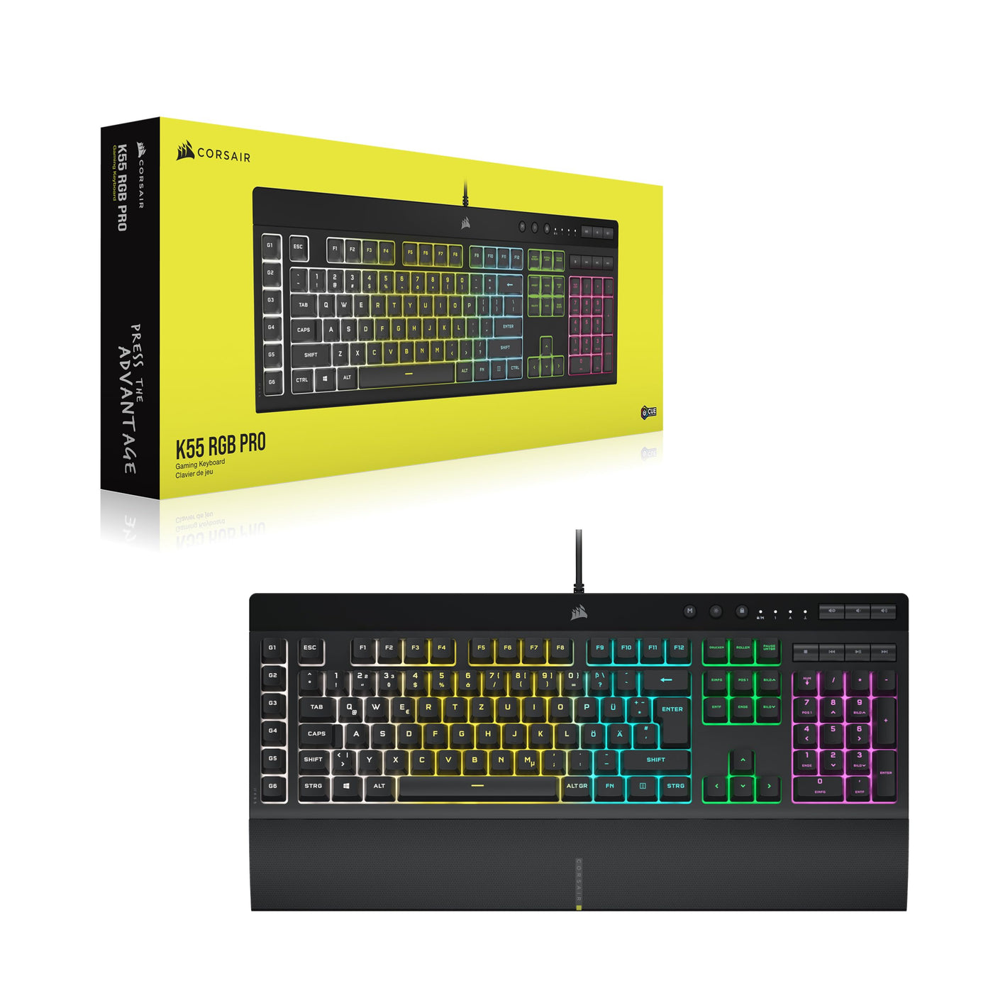 CORSAIR K55 RGB PRO Kabelgebundene Membrantastatur - IP42 staub- Und Spritzwassergeschützt - 6 Makro-Tasten Mit Elgato-Integration - iCUE-Kompatibel - QWERTZ DE - PC, Mac, Xbox - Schwarz