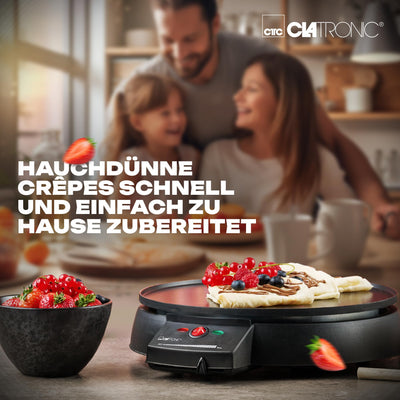 Clatronic Crepes Maker für Crepes mit Ø 29 cm | Crepe Maker inkl. Teigverteiler | antihaftbeschichter Oberfläche | Stufenlos regelbarer Thermostat u. Backampel | Pfannkuchen Maker mit 900 W | CM 3372