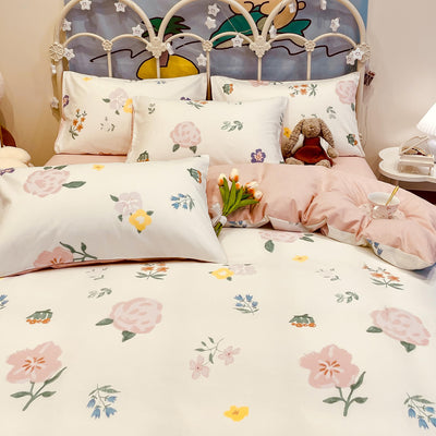 GETIYA Elegant Bunt Blumen Bettwäsche 135x200 Baumwolle Bettwäsche Damen Mädchen Blümchen Bettbezug Einzelbett Weiß Rosa Wendebettwäsche Blume Deckenbezug mit 1 Reißverschluss Kissenbezug 80x80