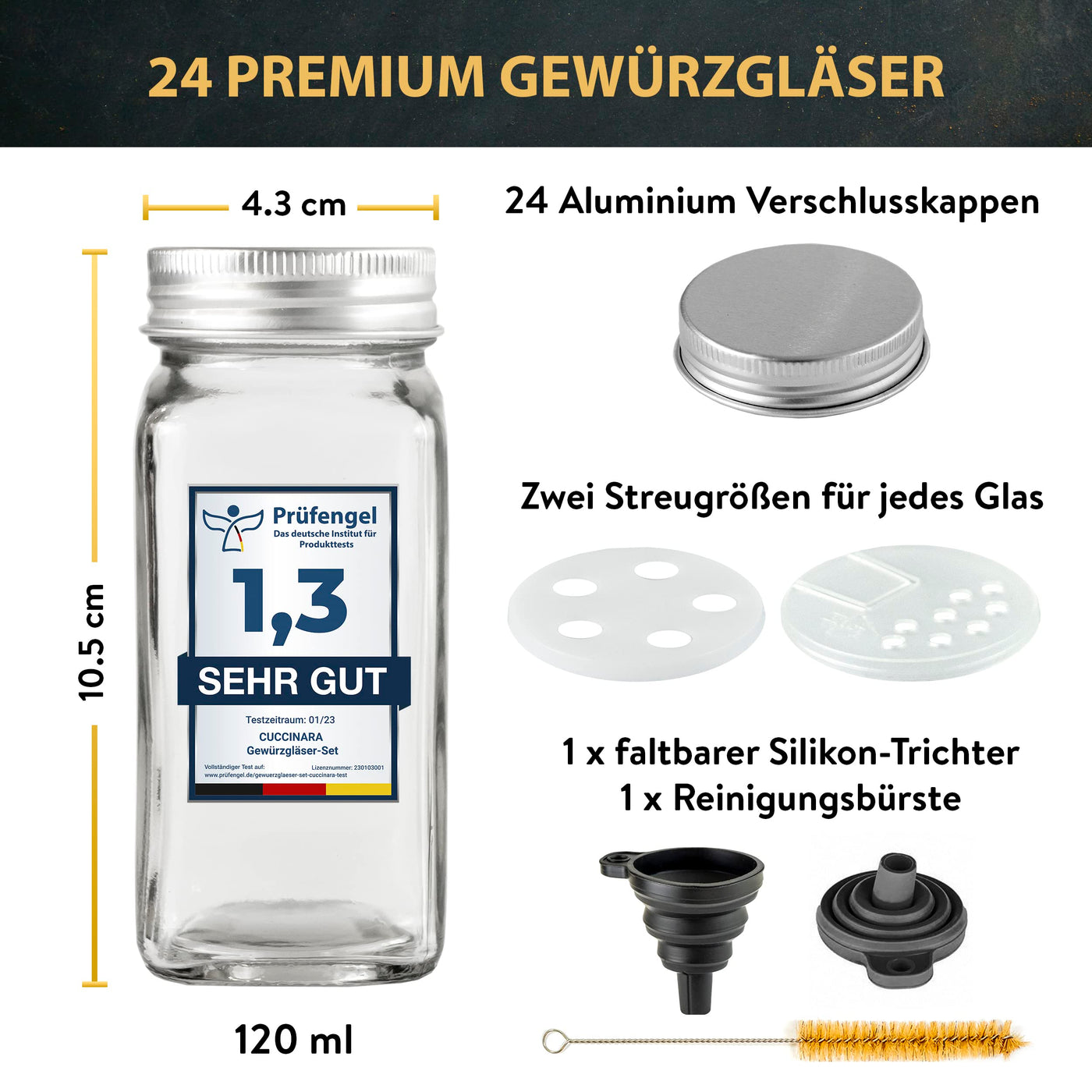 Cuccinara® Gewürzgläser Set [Eckig - 24 Stk. I 120ml - 10,5cm x 4,3cm] mit Gewürzetiketten, Streueinsatz & weißem Kreidestift zum Beschriften der Etiketten I Silikon Trichter + Reinigungsbürste