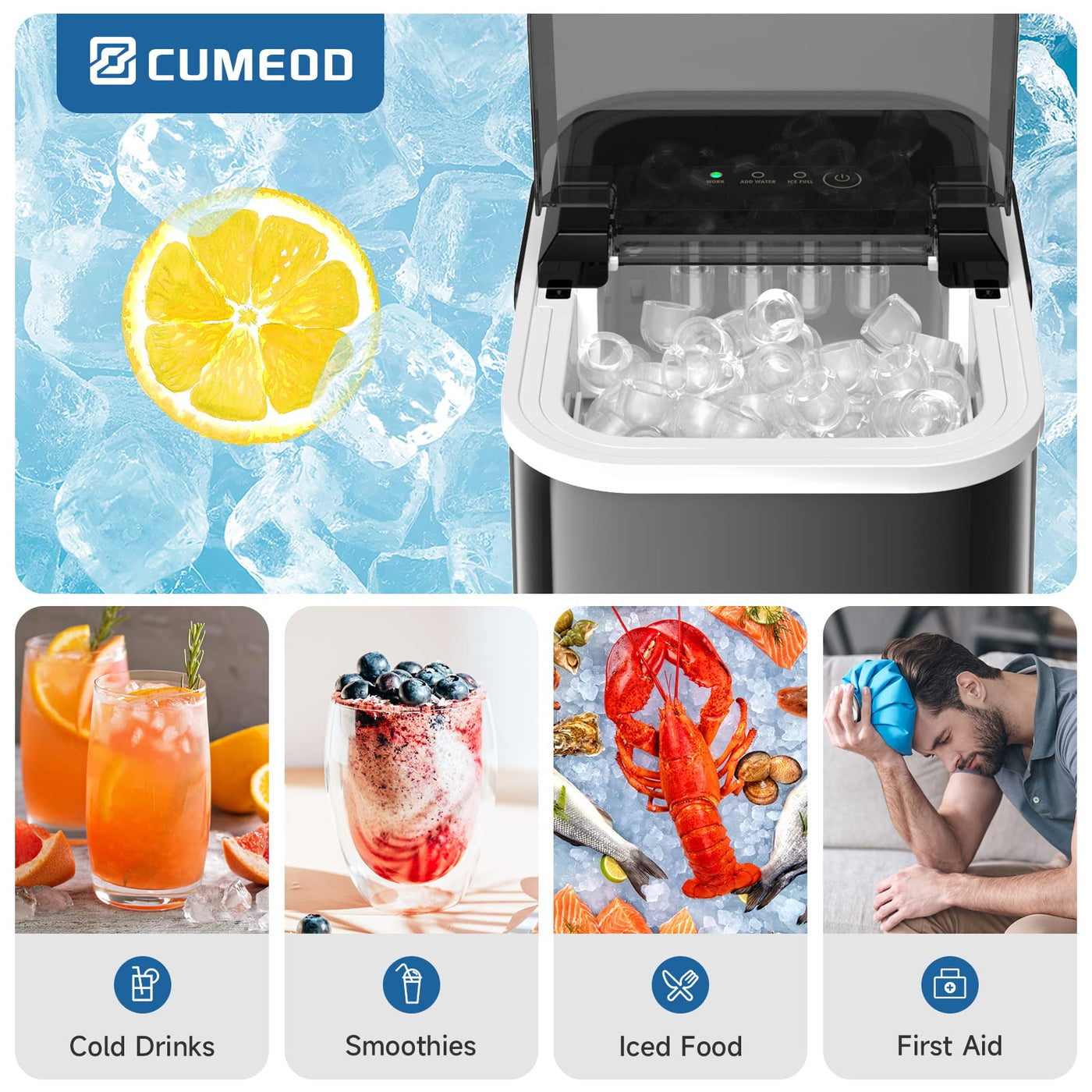 Eiswürfelmaschine, 120W Eiswürfelbereiter 8 Eiswürfel in 8-10 Minuten, 12kg/24h, LED Display Ice Maker Machine mit Infrarotsensor & Selbstreinigung