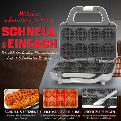 SugarWhisk Mini-Waffelmaschine, Waffeleisen für Kinder, backt 8 x 5cm winzige Waffeln, kleine Waffelmaschine, kompakt & einfach zu bedienen, antihaftbeschichtete Oberfläche, inklusive Rezept, weiß