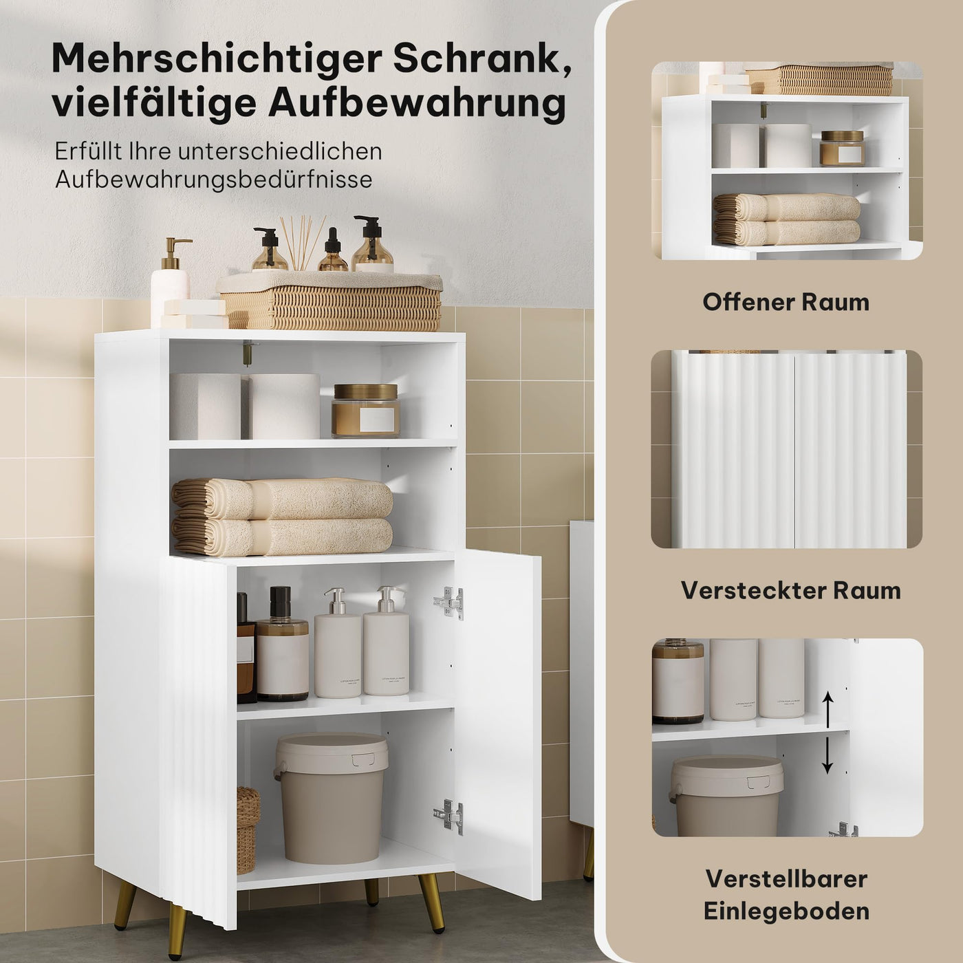 eSituro Badezimmerschrank, Badschrank, Badkommode mit 2 offenen Fächern, 2 Türen, 2 verstellbaren Einlegeböden, Schrank Badezimmer weiß, 50x93x30 cm