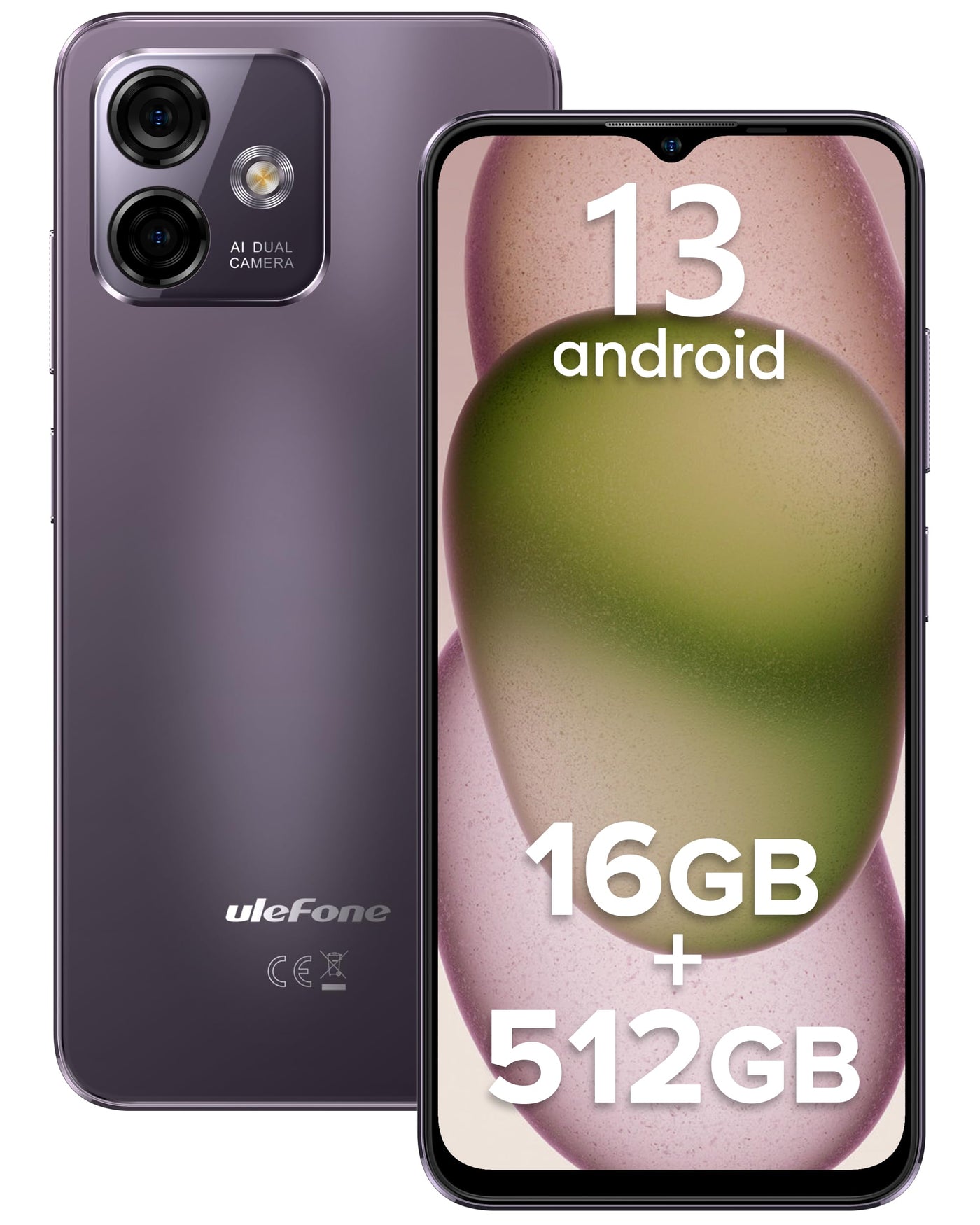 Ulefone Note 16 Pro(16GB+512GB) Smartphone Ohne Vertrag,Octa Core 6.52" HD+ Display Android 13 Handy,4400mAh 50MP+8MP Kamera,Fingerabdruck,GPS,OTG Dual SIM,5G WiFi Volte,Simlockfreie Handys(Violett)