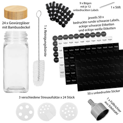 VonBueren Gewürzgläser eckig leer mit Bambusdeckel | Set mit 24 x 120 ml | Gewürzbehälter mit Streueinsatz | spice jars glas | Gewürzstreuer aus Glas | Gewürzstreuer