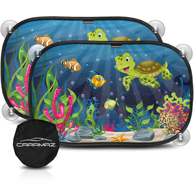 CARAMAZ Sonnenschutz, Kompatibel mit Personenkraftwagen, Auto Baby mit UV Schutz 48x30cm - 2 Stück mit Saugnäpfen - Kinder - Fenster - Sonnenblende Motiv: Grün-Turtle