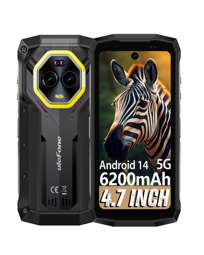 Ulefone Armor Mini 20 Pro Outdoor Handy, Android 14 5G Mini Smartphone mit 16GB+256GB/SD-2TB, 4.7" Zoll HD+ 90Hz IP68/69K Wasserdicht Handy 6200mAh/33W Schnellladung, 64MP Nachtsicht, Dual SIM GPS/NFC