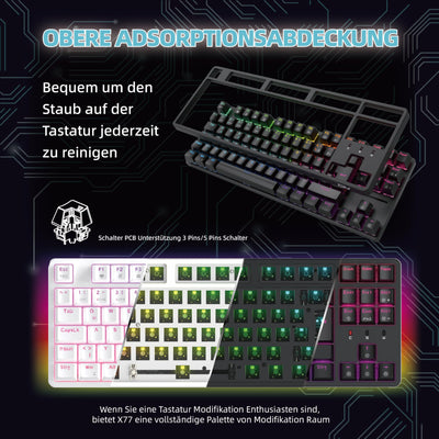 CIY X77 Mechanische Gaming Tastatur丨88 Tastaten QWERTZ Layout丨Programmierbare RGB丨Drei höhenverstellbar丨Typ-C-Kabel丨Hot-Swap-fähige Tastatur für Win/Mac (Schwarz + Roter Schalter)