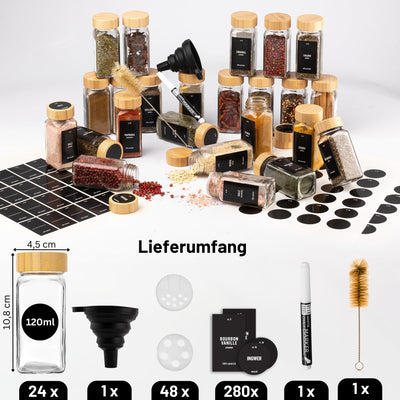 Deco Haus® Gewürzgläser eckig mit Holzdeckel 24er Set [+ Etiketten & Streueinsatz] - Gewürzdosen Set Glas - Gewürzbehälter Spice Jars - Aufbewahrung - Behälter für Gewürze - Gewürzaufbewahrung