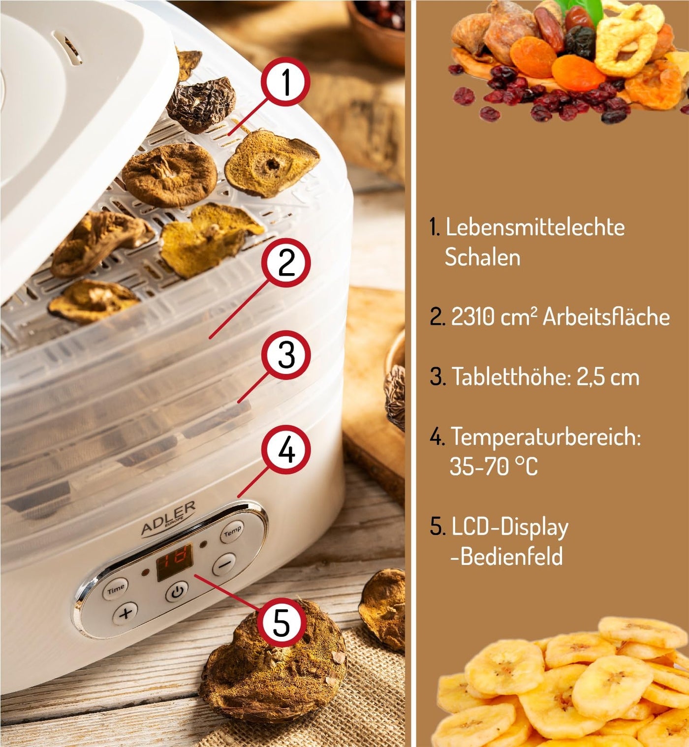 ADLER Küchenminis Dörrautomat, Dörrgerät für Obst, Pilze, Fleisch, Gemüse, Pflanzen, Kräuter & Gewürze - LCD Bedienfeld, 5 Tabletts, Dehydrator, Timer, 550W, Gefriertrockner, kräutertrockner