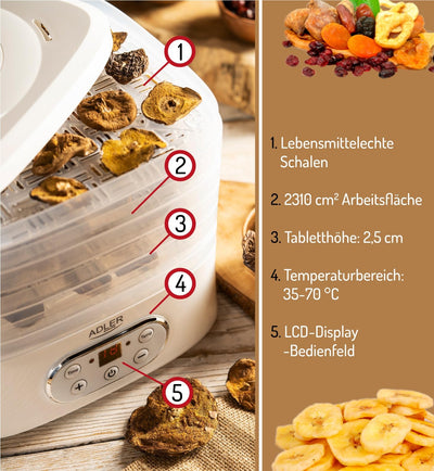 ADLER Küchenminis Dörrautomat, Dörrgerät für Obst, Pilze, Fleisch, Gemüse, Pflanzen, Kräuter & Gewürze - LCD Bedienfeld, 5 Tabletts, Dehydrator, Timer, 550W, Gefriertrockner, kräutertrockner