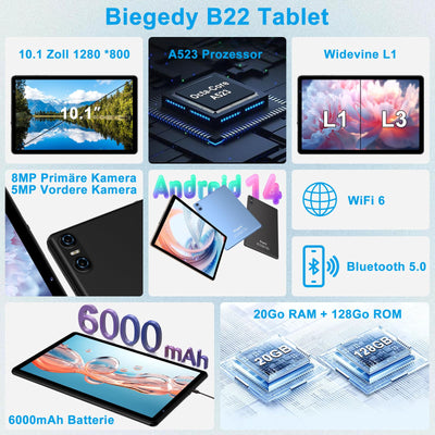 Biegedy Tablet 10 Zoll Android 14 Octa-Core, 2024 Newest Tablet PC 20 GB RAM+128 GB ROM (TF1 TB),5G WLAN 6丨Widevine L1丨GMS丨6000mAh丨5+8MP丨Bluetooth5.0丨1280 * 800丨Tablet mit Tastatur Maus Schwarz