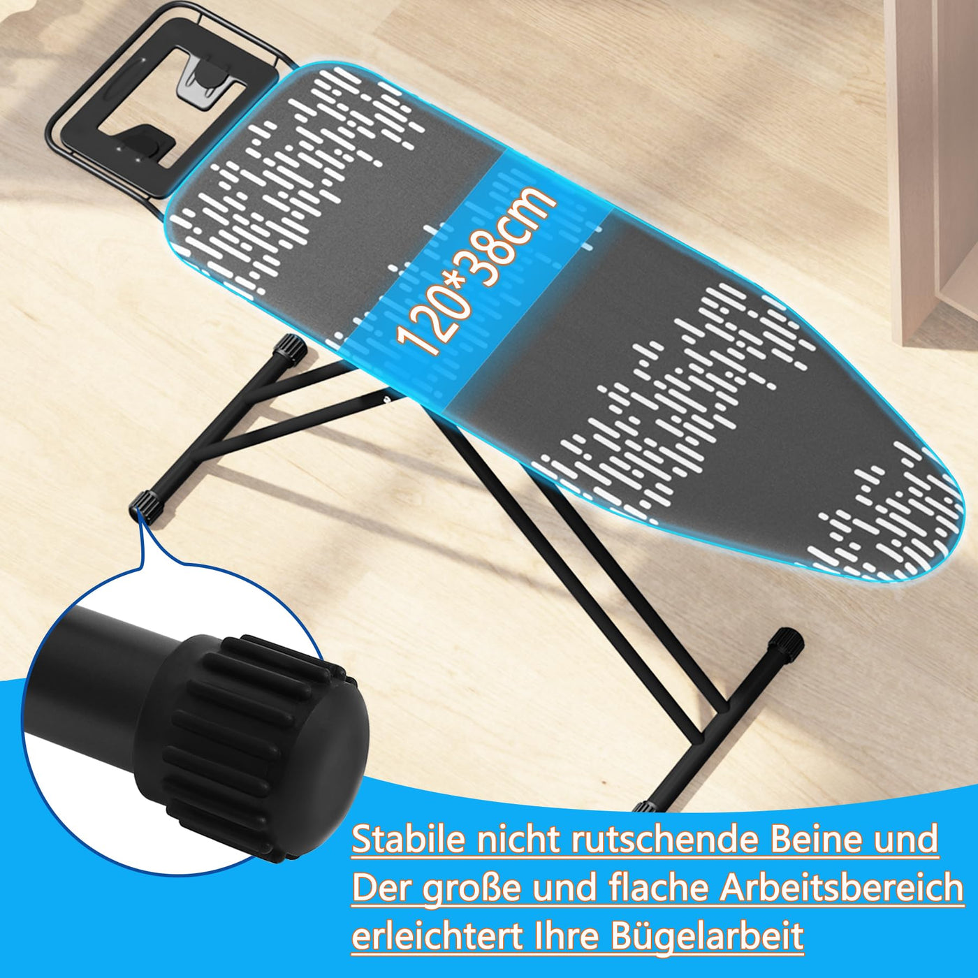 Aoufottes Klappbares Bügelbrett, Robustes Dampfbügelbrett mit Bügeleisenablage,mit rutschfesten Füßen, stabiles Gestell,Tischbügelbrett mit Verstellbarer Höhe, Ironing area120x38cm(grau)