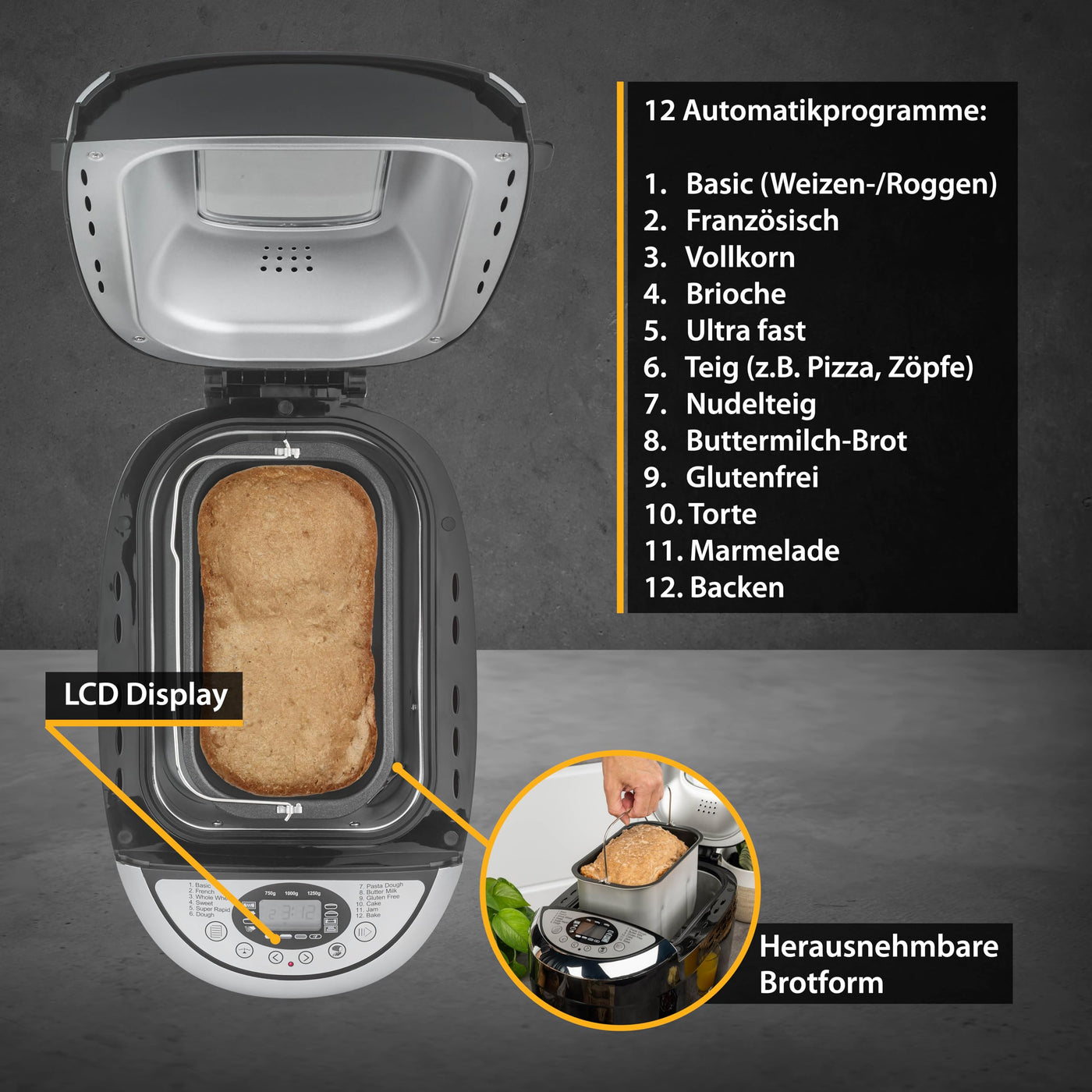 TZS First Austria Brotbackautomat mit 12 Automatikprogrammen, 700g-1000g-1250g Füllmenge, Timer, einstellbare Bräunungsgrade und Warmhaltefunktion - 850W