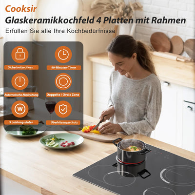 Cooksir Glaskeramikkochfeld mit Rahmen, Einbau 4 Kochfelder, Duale und Ovale Zonen fur Gril, Kochfeld Autark 59cm, 6700W, Sicherheitsschloss, Kein Stecker