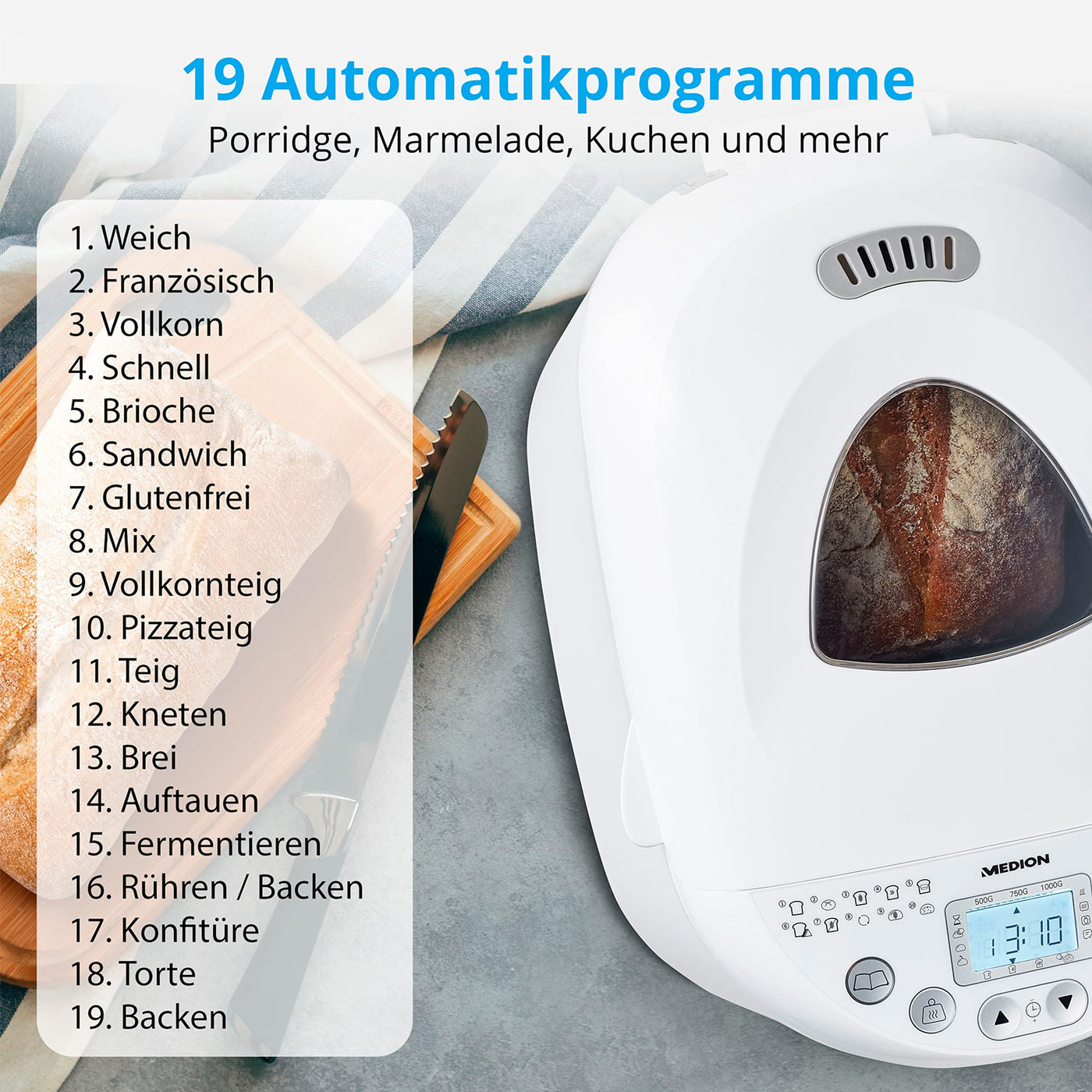 MEDION Brotbackautomat (Brotbackmaschine, 550 Watt, bis zu 1000g, 19 Backprogramme, 3 Bräunungsgrade, Warmhaltefunktion, Zeitvorwahl MD 11011)