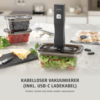 CASO Vacu OneTouch Eco-Set, Handvakuumierer inkl. 3 Vakuumbehälter aus Glas, 10 ZIP-Beutel und Food Manager Sticker, kabellos, bis zu 150 Minuten Laufzeit, aufladbar, Schwarz