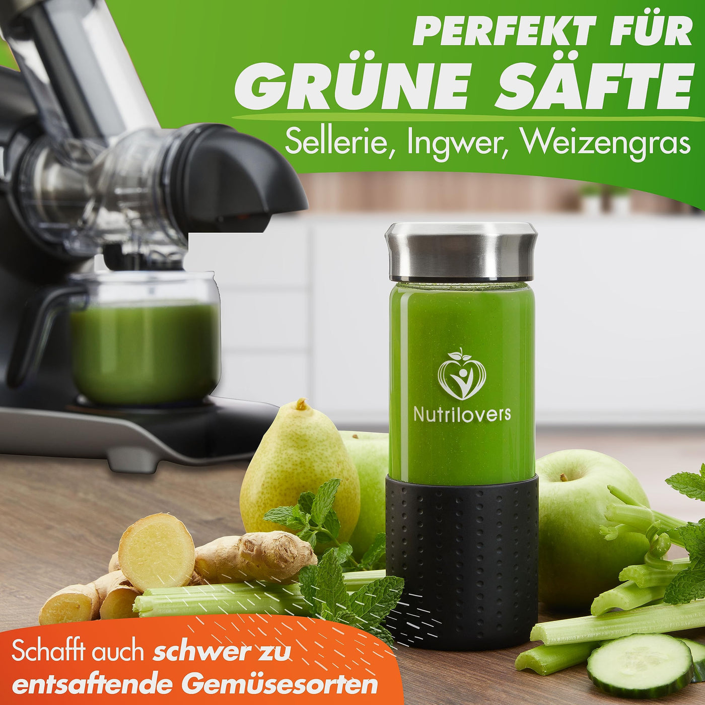 GREEN-PRESS EDELSTAHL Slow Juicer 304 Edelstahl Schnecke BPA-frei I DEUTSCHE MARKE I Ganze Früchte Sellerie Gemüse und Obst Entsafter Testsieger 2023 Allrounder Saftpresse elektrisch