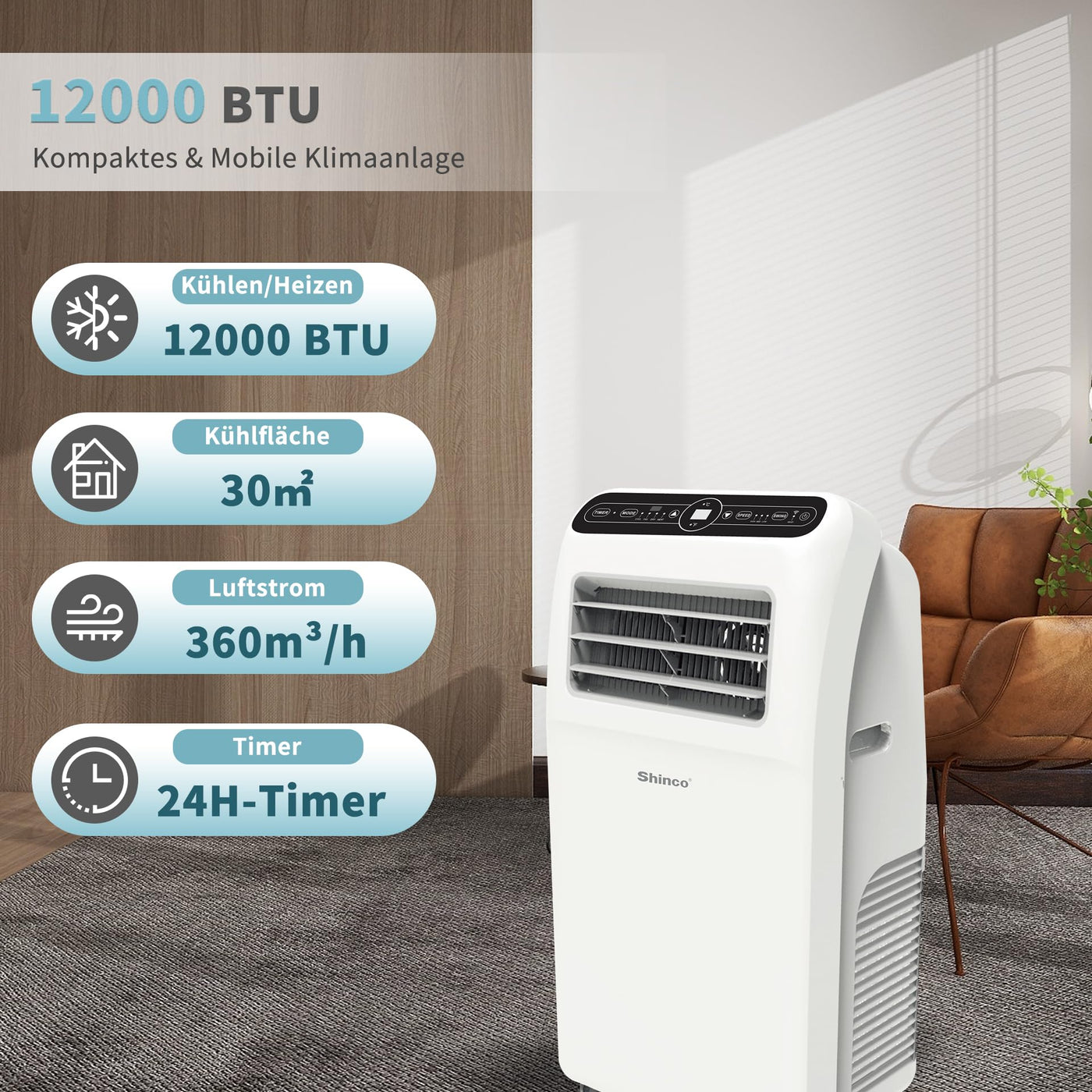 SHINCO Mobile Klimaanlage mit Abluftschlauch, 12000BTU, Kühlung&Heizung&Ventilieren&Entfeuchten, Mobiles Klimagerät mit Fenstermontage-Kit, 24H-Timer, APP, für Räume von etwa 90m³