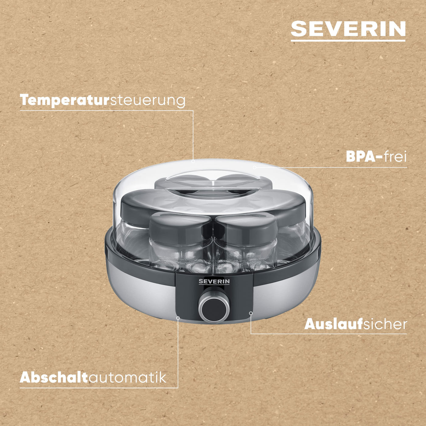 SEVERIN Joghurtbereiter, digitale Joghurtmaschine mit 5 Automatik-Programmen für selbstgemachten Joghurt, enthält 7 Joghurtgläser mit Deckel, BPA-frei, JG 3521