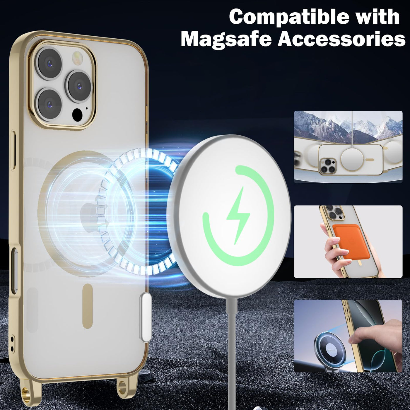 YIRSUR Handykette für iPhone 16 Pro Max Hülle mit Band Und 2 Schutzfolie,[Kompatibel mit Magsafe] Magnetische Transparent Silikon Necklace Handyhülle Abnehmbar Stoßfest Schutzhülle mit Kordel- Gold