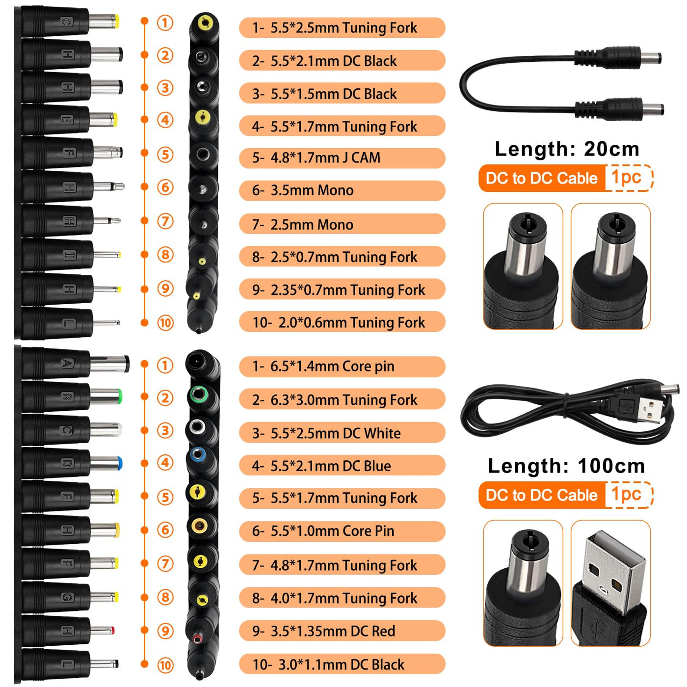 39 Stücke Universal DC Netzteil Adapter, 5.5x2.1mm KUOQIY DC Hohlstecker Adapter mit 2 Stücke Kabel für Laptop Netzteil, Kompatibel mit HP Dell ASUS Lenovo Acer