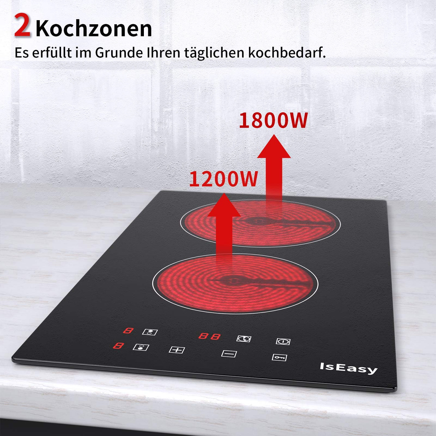 Domino Glaskeramikkochfeld, IsEasy Doppel Glaskeramik Kochfeld, 3000W, 29.5cm, 2 Kochzonen, Stecker, 9 Heizstufen, 1-99Min Timer, Berührungssteuerung, Automatische Abschaltung, Kindersicherung