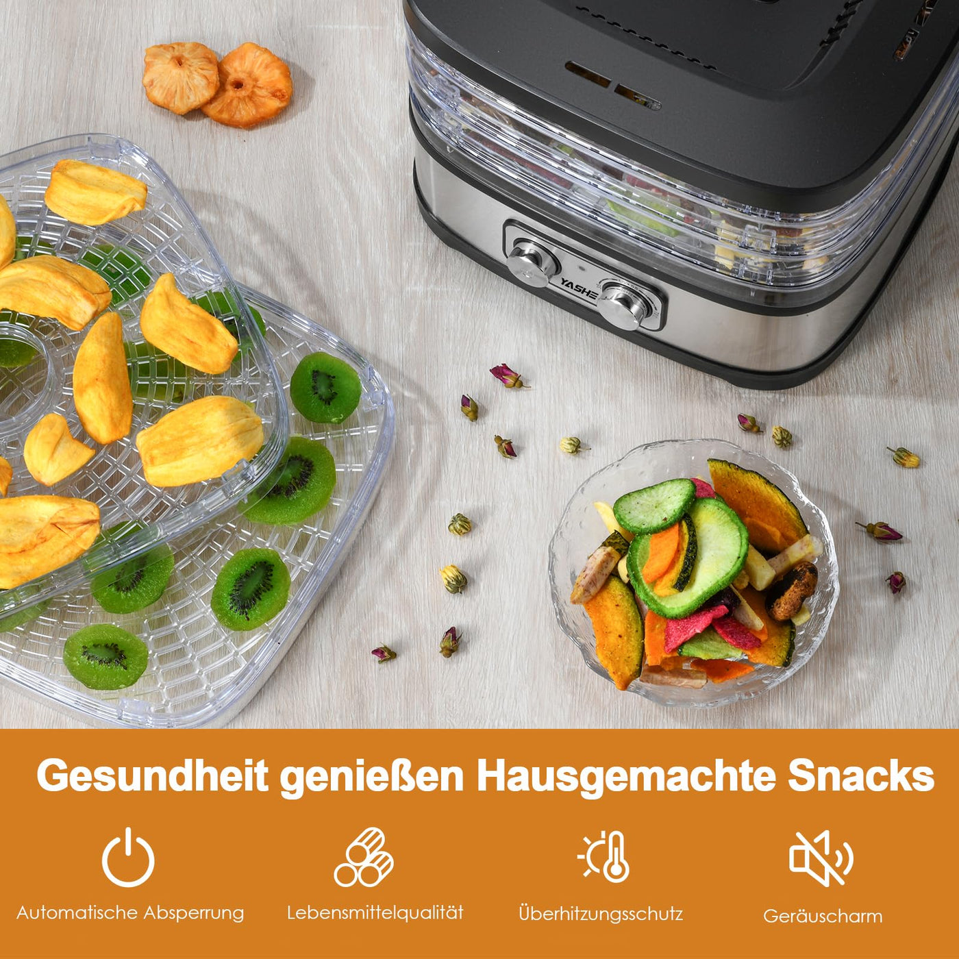 YASHE GGJ-261A Dörrautomat mit 5 höhenverstellbaren Tabletts, Temperaturregelung von 35-70°C, 240 Watt Dörrgerät für Obst und Gemüse, BPA-frei