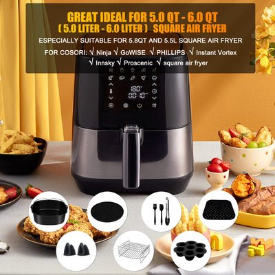 Airfryer xxl zubehör quadrat heißluftfritteuse,12er-Pack, heissluft fritteuse zubehör passt für COSORI PHILIPS INNSKY KLAMER PRINCESS NINJIA TEFAL 5,5L 6,2L air fryer, Schwarz