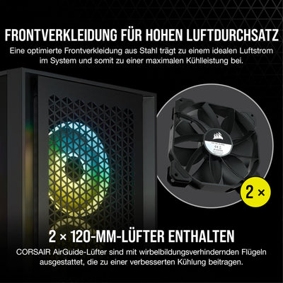 CORSAIR 4000D AIRFLOW Gehärtetes Glas Mid–Tower ATX–Gehäuse – Hohe Luftzirkulation – miditower management–System – Geräumiges Interieur – Zwei Mitgelieferte 120–mm–Lüfter – Schwarz