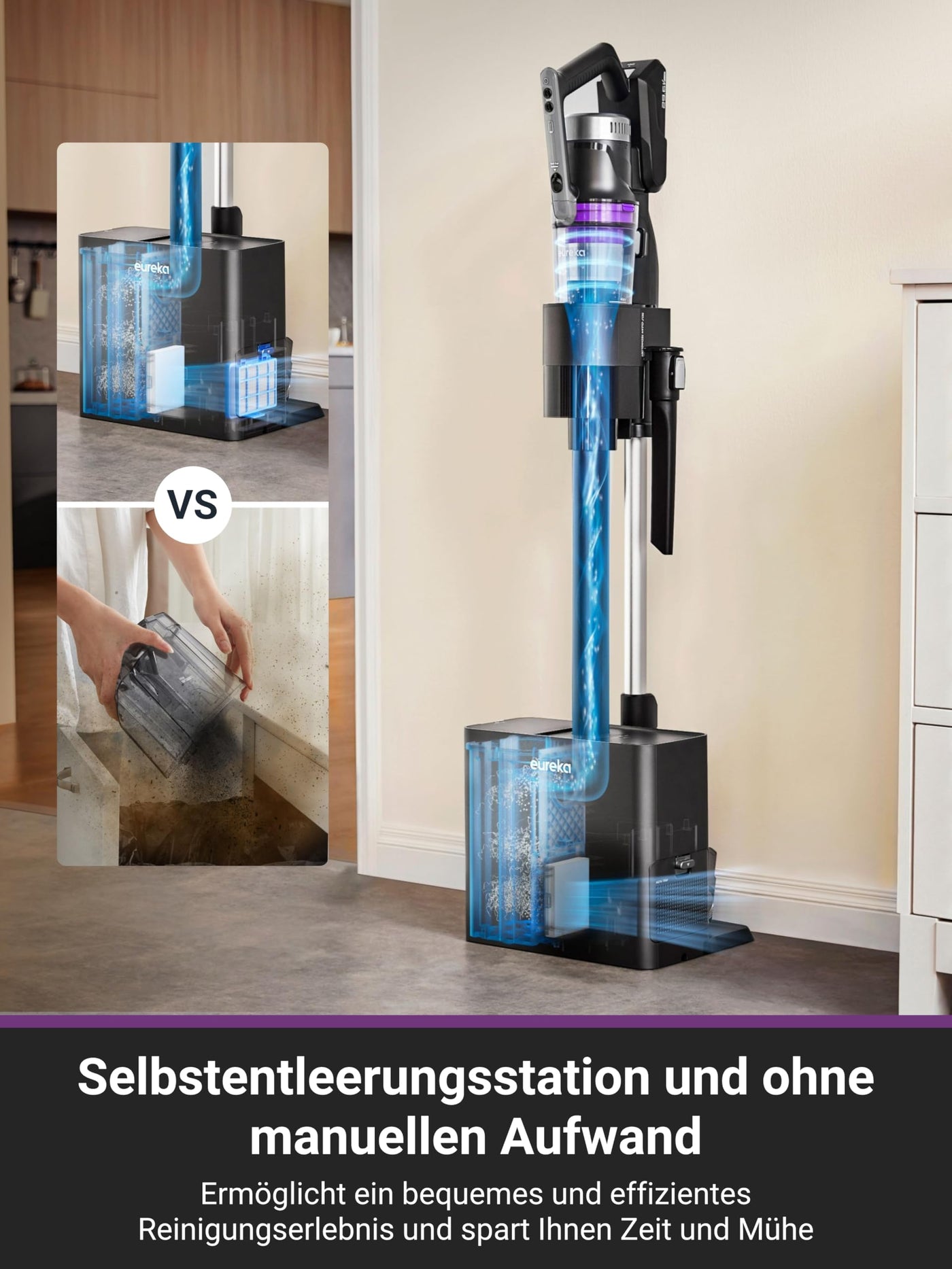 Eureka Stylus Elite Akku Staubsauger mit Absaugstation, 24000 Pa, Automatische Staubentleerung, 3L Staubbeutel, 60 Minuten Laufzeit, Anti-Verwicklungsbürste, LED-Scheinwerfer, Abnehmbarer Akku