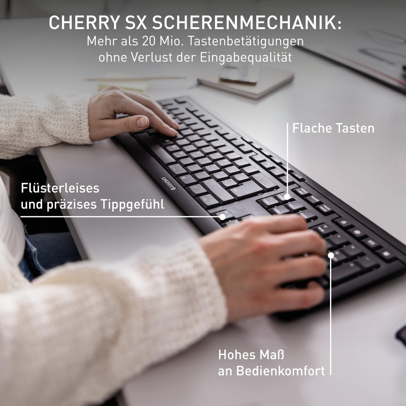 CHERRY STREAM KEYBOARD WIRELESS, Kabellose Tastatur, Deutsches Layout (QWERTZ), 2,4 GHz Funk, Leise Tasten, Flaches Design, Batteriebetrieben, Schwarz