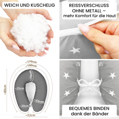 Amilian Stillkissen XXL - Schwangerschaftskissen & Seitenschläferkissen Baby - Pregnancy Pillow und Body Pillow - Grau mit Sternen - Kissen Schwangerschaft