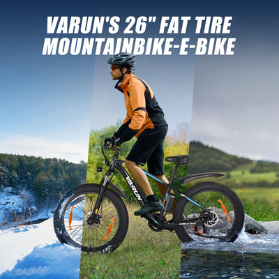 VARUN E Bike Herren 26 Zoll, 4.0 Fat Tire E-Mountainbike mit 48V13Ah Akku, 55NM 250W Motor, 5 Fahrmodi, Aluminium-E-fatbike Elektrofahrrad, StVZO-Zertifikat, Reichweite 100KM