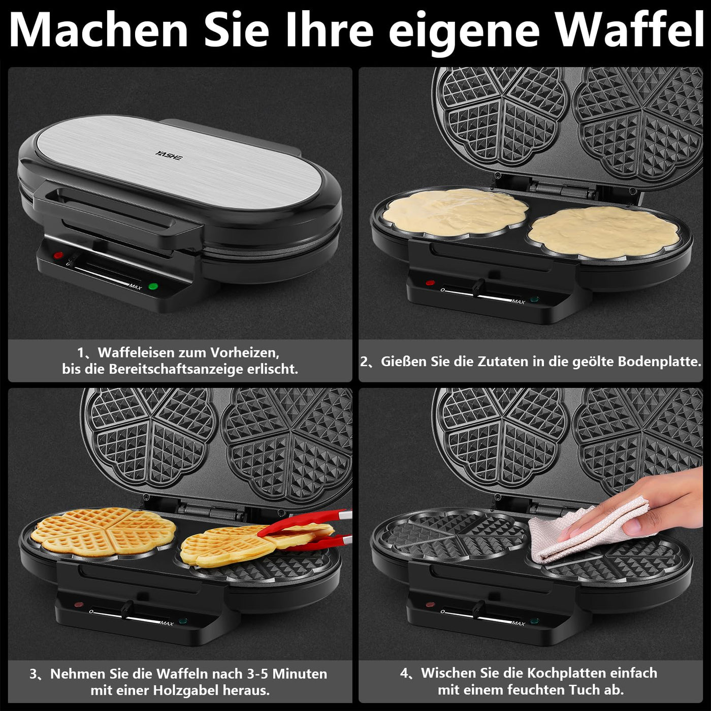 YASHE SW-2122M Waffeleisen Herzform Doppelt, 10 Klassische Herzförmige Waffeln mit Antihaftbeschichtung, 5 Einstellbare Temperaturstufen, Kontrollleuchten, Überlaufschutz, 1200W, Silber/Schwarz