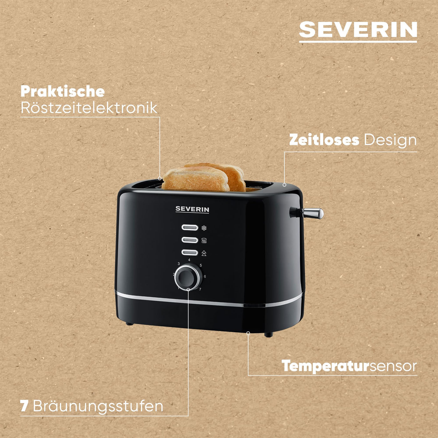 SEVERIN Automatik-Toaster, kleiner Toaster für 2 Scheiben , hochwertiger schwarzer Toaster zum Toasten, Auftauen und Erwärmen, 850 W, schwarz, AT 4321