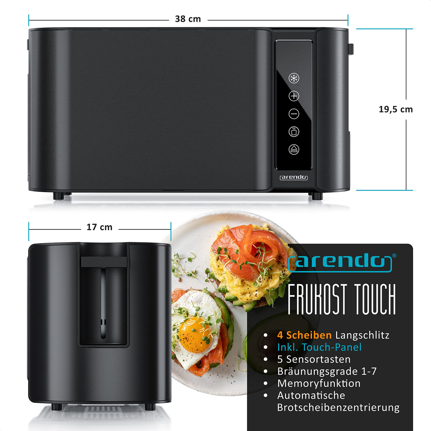 Arendo - Edelstahl Toaster Langschlitz 4 Scheiben - Touchscreen – Doppelwandgehäuse – 1500 W – Integrierter Brötchenaufsatz – 7 Bräunungsgrade – Brotzentrierung – Restzeitanzeige – Memoryfunktion