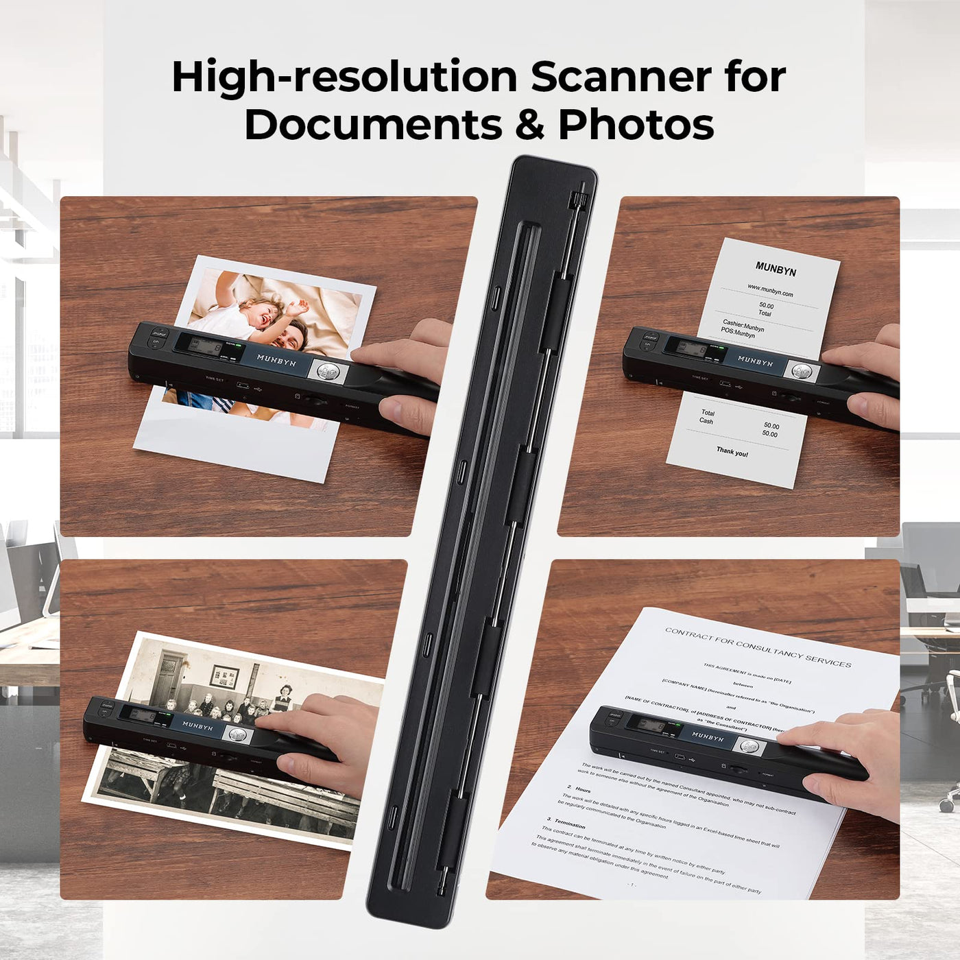 [Scanner portable] Résolution n/b et couleur MUNBYN Scanner de documents/Scanner mobile / 900DPI Scanner portable sans fil A4 avec carte Format JPG et PDF -16G Micro SD- Noir