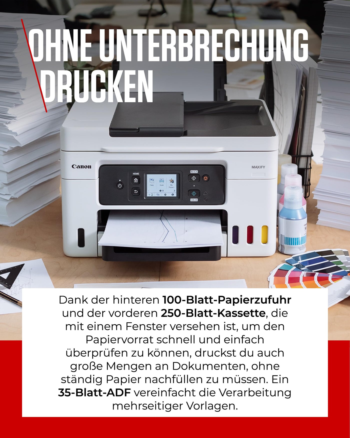 Canon MAXIFY GX4050 MegaTank Multifunktionsdrucker 4in1 (Tintenstrahl, Druck, Kopie, Scan, Fax, ADF 35 Blatt, WLAN, LAN, Touch LCD, Duplex, niedrige Seitenkosten, hohe Reichweite, gerader Einzug) weiß