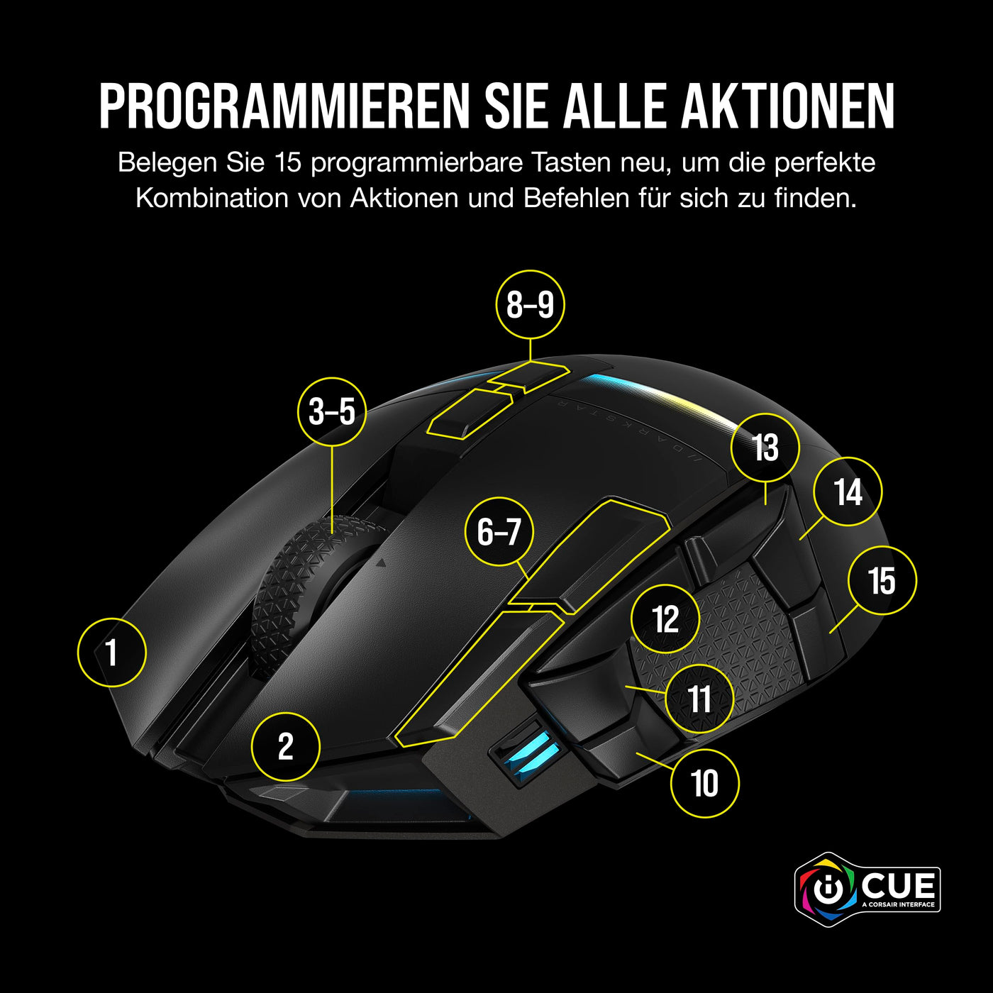 CORSAIR DARKSTAR RGB WIRELESS MMO Gaming Mouse - 26.000 DPI - 15 Programmierbare Tasten - Bis zu 80 Stunden Akkulaufzeit - iCUE-Kompatibel - PC, PS5, PS4, Xbox - Schwarz