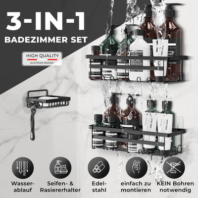 W&S Duschregal 3er Set - Duschablage Badablage ohne Bohren Edelstahl | 2 Badregale + 1 Seifenablage Rostfrei Rutschfest Badezimmer Shower Caddy Duschkorb mit Magic Sticker Shampoo Halterung Organizer