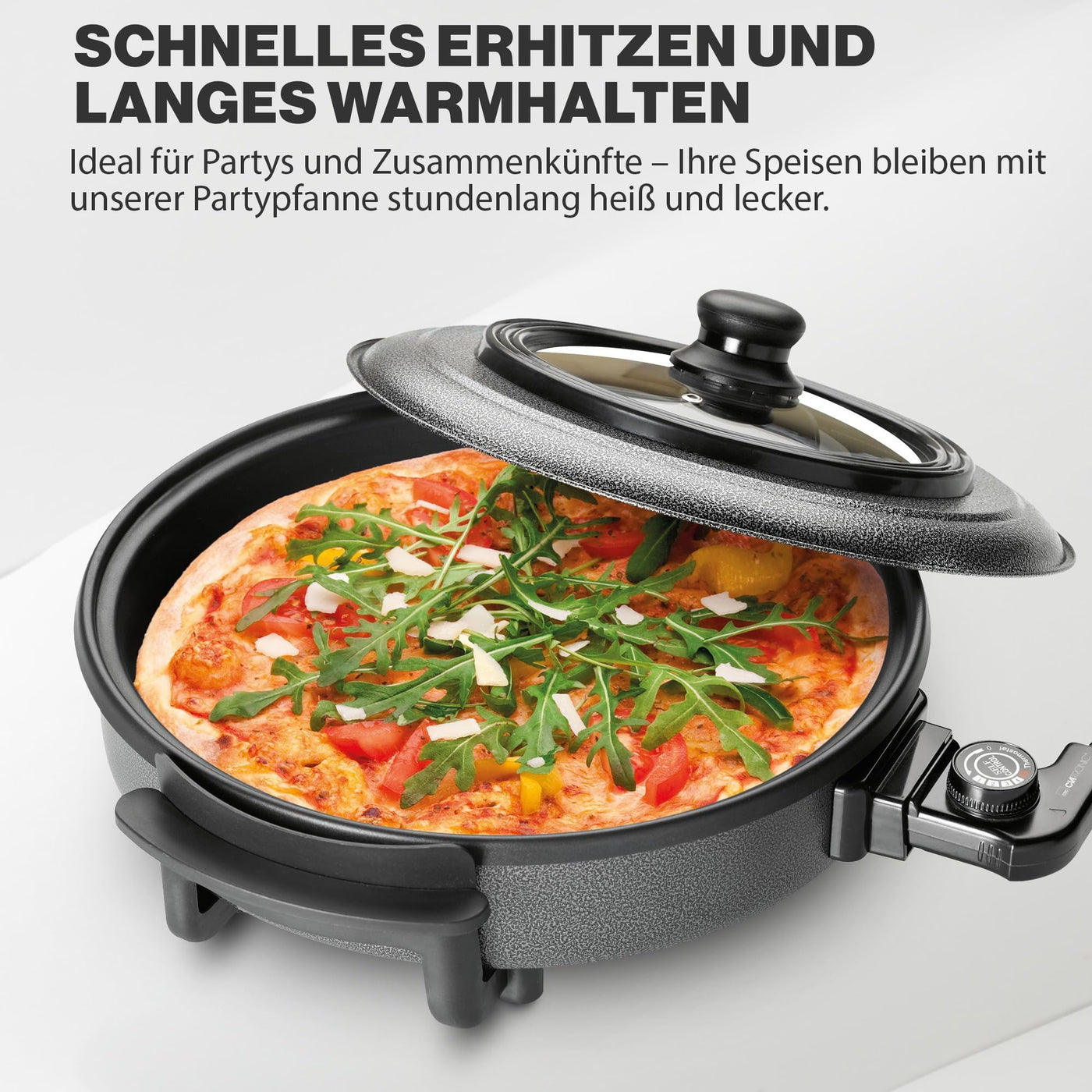 Clatronic® Pizza-/Partypfanne | Multifunktionspfanne zum Kochen, Braten, Dünsten und Warmhalten | Antihaftbeschichteter Bräter | elektrische Bratpfanne Inkl. Glasdeckel | PP 3402