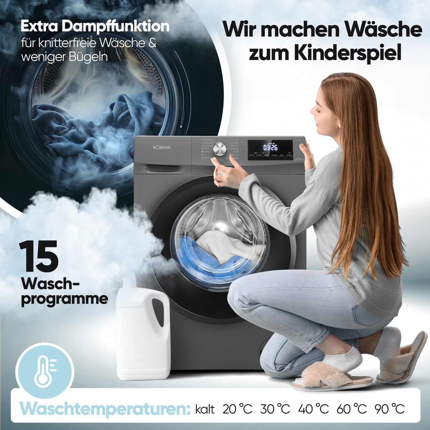 Bomann® Waschtrockner | Waschen und Trocknen in einem Durchgang | 8 kg Waschen, 5 kg Trocknen | Invertermotor | 1400 U/Min | Dampffunktion | Waschmaschine mit Trockner integriert | WAT 7186 titan