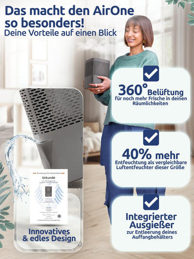 BonAura® AirOne Luftentfeuchter ohne Strom bis 23m² I 360° Belüftung I Raumentfeuchter mit Ausgießer & 680g Luftentfeuchter Granulat I Schimmel- und Geruchsschutz I Raum Entfeuchter Wohnung