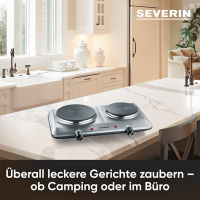 SEVERIN Doppel Kochplatte für Küche, Büro oder Camping, kleine Herdplatte mit stufenloser Temperatureinstellung, Campingkocher für zwei Töpfe, Edelstahl, 2.500 W, DK 1014