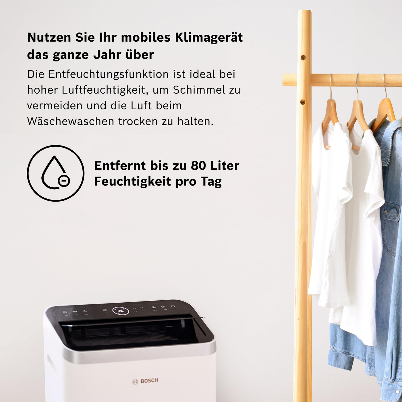 Bosch Cool 5000 mit Invertertechnologie Mobiles Klimagerät - 3-in-1: Klimagerät, Luftentfeuchter, Ventilator - 3,4 kW für Räume bis zu 46 m² - Mit Auto-Modus, Silent-Modus & Sleep-Modus